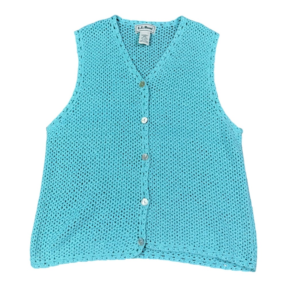 Vintage 2000s L.L. Bean Blue Button Up Crochet Sweater Vest Women's Medium